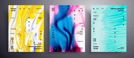 Abstract vector placard, texture set of fluid art covers. Artistic background that applicable for design cover, invitation, flyer and etc. Pink, blue and yellow unusual creative surface templateのイラスト素材