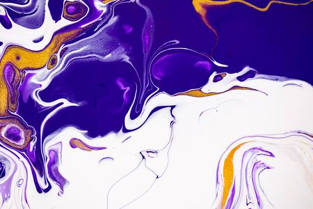 Fluid art texture. Backdrop with abstract mixing paint effect. Liquid acrylic picture with flows and splashes. Mixed paints for interior poster. Violet, white and golden overflowing colorsの写真素材