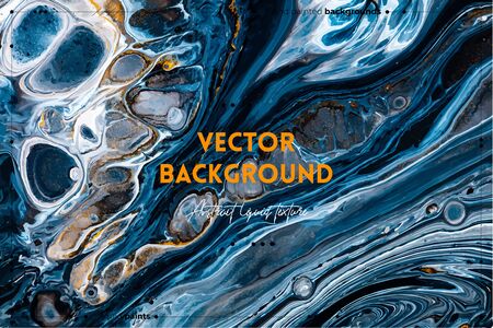 Fluid art texture. Abstract backdrop with iridescent paint effect. Liquid acrylic picture with flows and splashes. Mixed paints for posters or wallpapers. Black, blue and golden overflowing colorsのイラスト素材