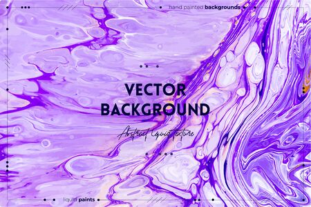 Fluid art texture. Background with abstract iridescent paint effect. Liquid acrylic artwork with flows and splashes. Mixed paints for interior poster. Purple, white and lavender overflowing colorsのイラスト素材