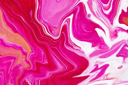 Fluid art texture. Abstract backdrop with mixing paint effect. Liquid acrylic artwork with flows and splashes. Mixed paints for posters or wallpapers. Golden, white and red overflowing colorsの写真素材