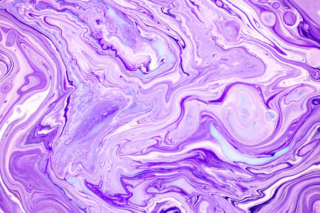 Fluid art texture. Background with abstract swirling paint effect. Liquid acrylic artwork with colorful mixed paints. Can be used for background or poster. Purple and white overflowing colorsの写真素材