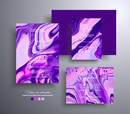 Modern set of wedding invitations with stone texture. Agate vector cards with marble effect and swirling paints, purple, pink and navy blue colors. Designed for posters, packaging and etcの写真素材