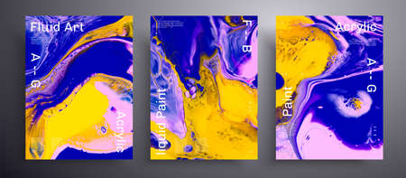 Abstract vector banner, set of modern design fluid art covers. Artistic background that applicable for design cover, invitation, flyer and etc. Navy blue, yellow and pink creative iridescent artworkのイラスト素材