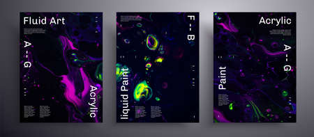 Abstract vector placard, texture pack of fluid art covers. Beautiful background that applicable for design cover, poster, brochure and etc. Purple, green, yellow and black creative iridescent artworkのイラスト素材