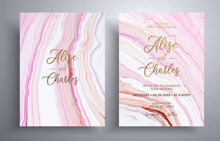 Modern set of wedding invitations with stone pattern. Agate vector covers with marble effect and place for text, beige, brown and white colors. Designed for greeting cards, packaging and etcのイラスト素材