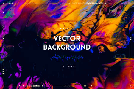 Fluid art texture. Background with abstract swirling paint effect. Liquid acrylic artwork with chaotic mixed paints. Can be used for posters or wallpapers. Orange, black and blue overflowing colorsのイラスト素材