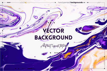 Fluid art texture. Abstract background with iridescent paint effect. Liquid acrylic artwork with flows and splashes. Mixed paints for interior poster. Violet, white and golden overflowing colorsのイラスト素材
