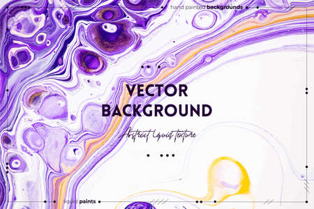 Fluid art texture. Backdrop with abstract swirling paint effect. Liquid acrylic picture with flows and splashes. Mixed paints for interior poster. Purple, white and golden overflowing colorsのイラスト素材