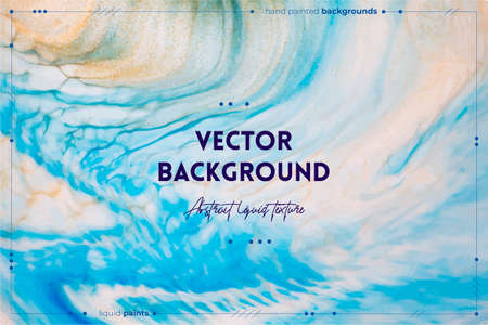 Fluid art texture. Backdrop with abstract swirling paint effect. Liquid acrylic picture with flows and splashes. Mixed paints for baner or wallpaper. Blue, golden and white overflowing colorsのイラスト素材
