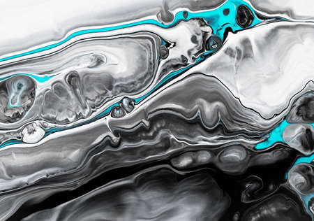 Fluid art texture. Abstract backdrop with swirling paint effect. Liquid acrylic artwork that flows and splashes. Mixed paints for interior poster. Black, white and blue overflowing colorsの写真素材