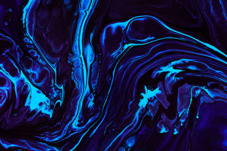 Fluid art texture. Abstract background with mixing paint effect. Liquid acrylic picture with trendy mixed paints. Can be used for website background. Blue, purple and aquamarine overflowing colorsの写真素材