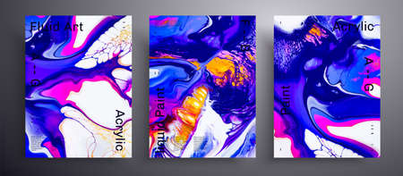 Abstract liquid poster, fluid art vector texture set. Trendy background that applicable for design cover, invitation, flyer and etc. Navy blue, yellow, pink and white creative iridescent artworkのイラスト素材