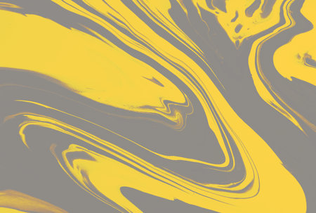 Fluid art texture. Backdrop with abstract swirling paint effect. Liquid acrylic picture with flows and splashes. Mixed paints for website background. Gray and yellow overflowing colorsの写真素材