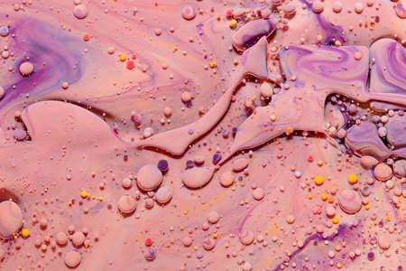 Fluid art texture. Background with abstract mixing paint effect. Liquid acrylic artwork with flowing bubbles. Mixed paints for baner or wallpaper. Purple, coral, beige and pink overflowing colorsの写真素材