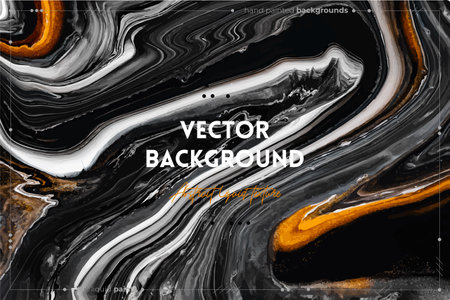 Fluid art texture. Abstract backdrop with mixing paint effect. Liquid acrylic artwork that flows and splashes. Mixed paints for website background. Golden, black and gray overflowing colorsのイラスト素材