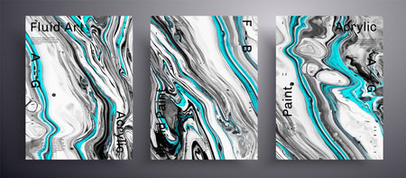 Abstract vector banner, texture pack of fluid art covers. Beautiful background that applicable for design cover, invitation, flyer and etc. Black, white and blue creative iridescent artworkのイラスト素材