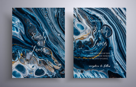 Modern set of wedding invitations with stone texture. Agate vector covers with marble effect and place for text, black, navy blue and golden colors. Designed for posters, brochures and etcの写真素材