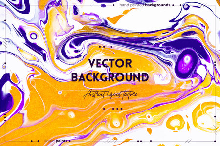 Fluid art texture. Abstract background with mixing paint effect. Liquid acrylic artwork with flows and splashes. Mixed paints for posters or wallpapers. Purple, white and golden overflowing colorsのイラスト素材