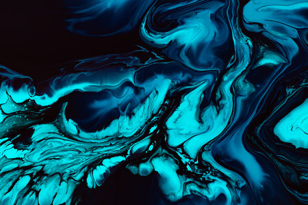 Fluid art texture. Abstract backdrop with swirling paint effect. Liquid acrylic picture with flows and splashes. Mixed paints for website background. Blue, black and aquamarine overflowing colorsの写真素材