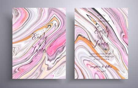 Modern collection of wedding invitations with stone texture. Mineral vector covers with marble effect and place for text, pink, gray and golden colors. Designed for greeting cards, packaging and etcのイラスト素材