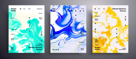 Abstract acrylic banner, fluid art vector texture collection. Trendy background that applicable for design cover, invitation, flyer and etc. Yellow, blue and mint unusual creative surface templateのイラスト素材