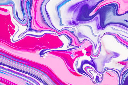 Fluid art texture. Background with abstract mixing paint effect. Liquid acrylic artwork with flows and splashes. Mixed paints for interior poster. Blue, pink and white overflowing colorsの写真素材