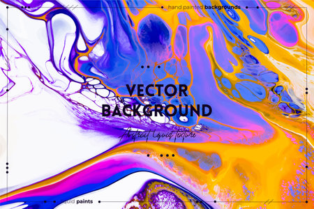 Fluid art texture. Background with abstract iridescent paint effect. Liquid acrylic artwork with flows and splashes. Mixed paints for interior poster. Blue, orange and white overflowing colorsのイラスト素材