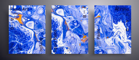 Abstract liquid banner, fluid art vector texture pack.Artistic background that applicable for design cover, poster, brochure and etc. Blue, orange and white unusual creative surface templateのイラスト素材