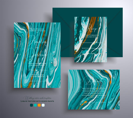 Modern collection of wedding invitations with stone pattern. Mineral vector cards with marble effect and swirling paints, turquoise, white and orange colors. Designed for posters, brochures and etcのイラスト素材