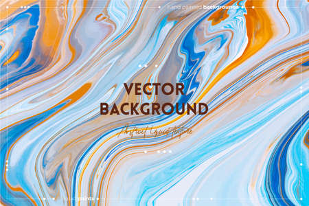 Bright resin art abstract background. Multicolor marble surface, mineral stone texture. Violet, orange and blue paint mix wallpaper. Fluid, color liquid flow effect. Watercolor, acrylic waves, swirlsのイラスト素材