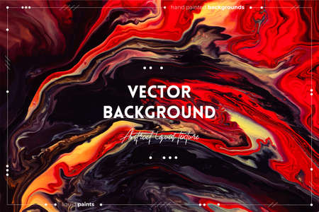 Fluid art texture. Backdrop with abstract swirling paint effect. Liquid acrylic artwork with flows and splashes. Mixed paints for website background. Red, brown, yellow and black overflowing colorsのイラスト素材