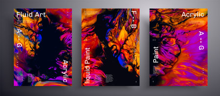 Abstract liquid placard, fluid art vector texture pack. Beautiful background that applicable for design cover, invitation, flyer and etc. Purple, blue, orange and black creative iridescent artworkのイラスト素材