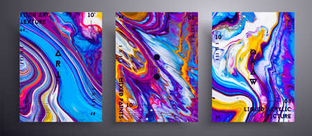 Abstract acrylic poster, fluid art vector texture set. Trendy background that can be used for design cover, poster, brochure and etc. Blue, pink, yellow and white universal trendy painting backdropのイラスト素材
