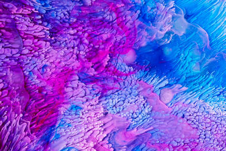 Epoxy resin texture with aquamarine, pink and white colors. Fluid background with splashes and swirls. Modern abstract artwork with splatter inks. Vibrant colors mixes on macrophotography wallpaperの写真素材