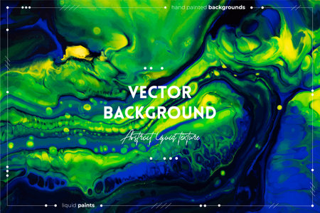 Fluid art texture. Backdrop with abstract mixing paint effect. Liquid acrylic artwork with flows and splashes. Mixed paints for baner or wallpaper. Green, blue and yellow overflowing colorsのイラスト素材