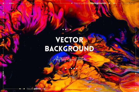 Fluid art texture. Abstract background with swirling paint effect. Liquid acrylic artwork with artistic mixed paints. Can be used for baner or wallpaper. Orange, black and blue overflowing colorsのイラスト素材