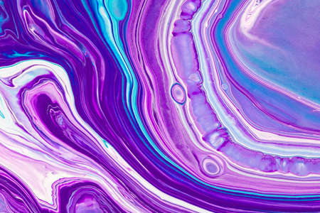 Fluid art texture. Backdrop with abstract swirling paint effect. Liquid acrylic artwork with flows and splashes. Mixed paints for posters or wallpapers. Purple, blue and white overflowing colorsの写真素材
