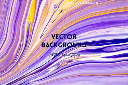 Fluid art texture. Backdrop with abstract mixing paint effect. Liquid acrylic picture that flows and splashes. Mixed paints for baner or wallpaper. Purple, yellow and white overflowing colorsのイラスト素材