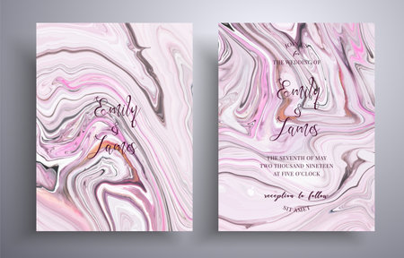 Beautiful set of wedding invitations with stone pattern. Agate vector covers with marble effect and place for text, pink, gray and white colors. Designed for posters, brochures and etcのイラスト素材