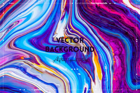 Fluid art texture. Background with abstract iridescent paint effect. Liquid acrylic artwork with flows and splashes. Mixed paints for posters or wallpapers. Blue, pink and yellow overflowing colorsのイラスト素材