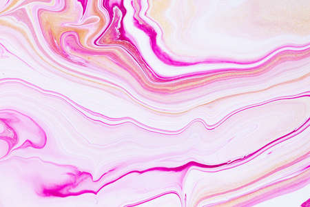 Fluid art texture. Background with abstract iridescent paint effect. Liquid acrylic artwork with flows and splashes. Mixed paints for interior poster. Coral, golden and white overflowing colorsの写真素材