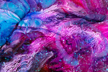 Epoxy resin texture with pink, aquamarine and white colors. Fluid background with splashes and swirls. Abstract frozen artwork with splatter inks. Bright colors mixes on macrophotography pictureの写真素材