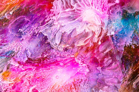 Epoxy resin texture with colorful waves. Liquid backdrop with splashes and ripples. Modern abstract texture with alcohol inks. Bright colors mixes and flows on macrophotography posterの写真素材