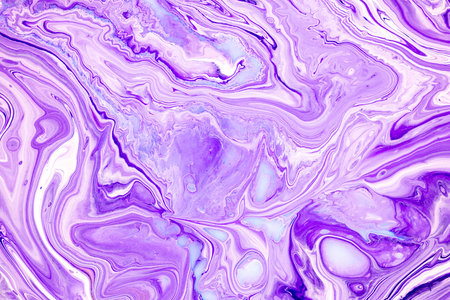 Fluid art texture. Background with abstract swirling paint effect. Liquid acrylic artwork with colorful mixed paints. Can be used for background or poster. Purple and white overflowing colorsの写真素材