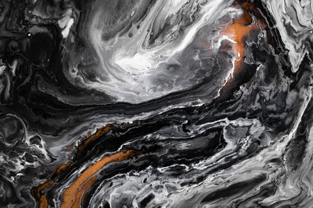 Fluid art texture. Background with abstract iridescent paint effect. Liquid acrylic artwork that flows and splashes. Mixed paints for interior poster. Black, golden and white overflowing colorsの写真素材
