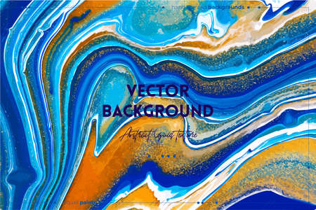 Fluid art texture. Backdrop with abstract mixing paint effect. Liquid acrylic picture that flows and splashes. Mixed paints for baner or wallpaper. Turquoise, white and golden overflowing colorsのイラスト素材