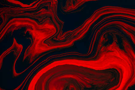 Fluid art texture. Abstract background with swirling paint effect. Liquid acrylic picture that flows and splashes. Mixed paints for baner or wallpaper. Black, red and orange overflowing colorsの写真素材