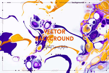 Fluid art texture. Backdrop with abstract swirling paint effect. Liquid acrylic picture that flows and splashes. Mixed paints for background or poster. Purple, white and golden overflowing colorsのイラスト素材