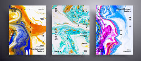 Abstract vector poster, collection of modern fluid art covers. Trendy background that applicable for design cover, invitation, presentation and etc. Yellow, blue and pink creative iridescent artworkの写真素材